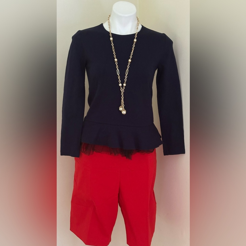 J. Crew Navy Peplum Blouse . Sheer/ Lace Bottom. Gold Zip Closure In Back Sz XS.